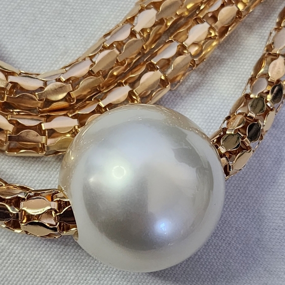 Statement 3 Strand Gold Mesh Necklace with Pearl and CZ Stones Set - Picture 6 of 9